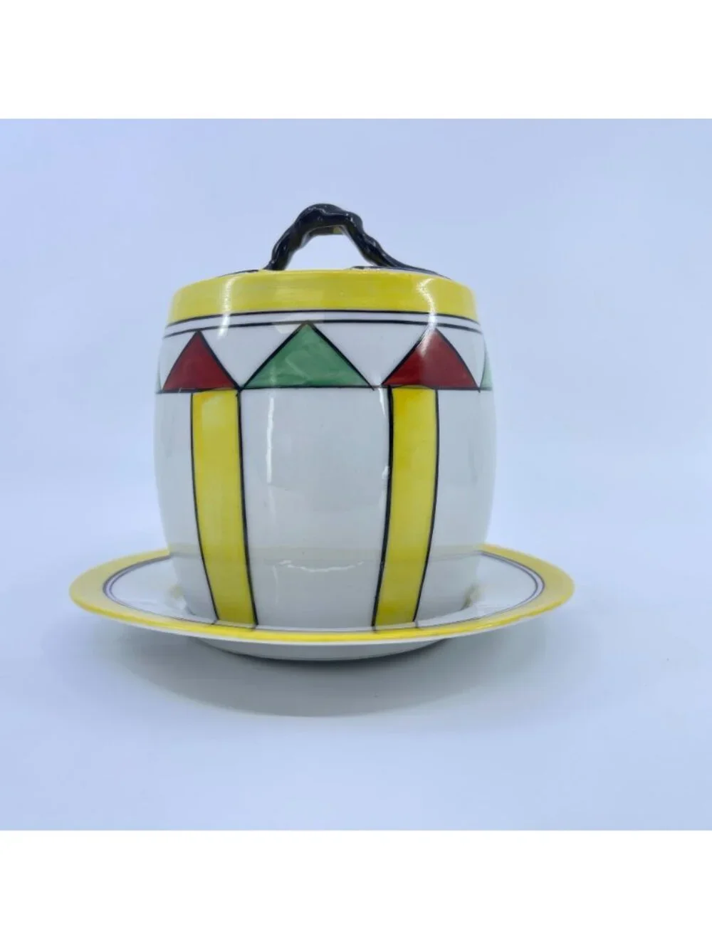 vintage ceramic condiment jar with lid & saucer hand-painted geometric pattern
